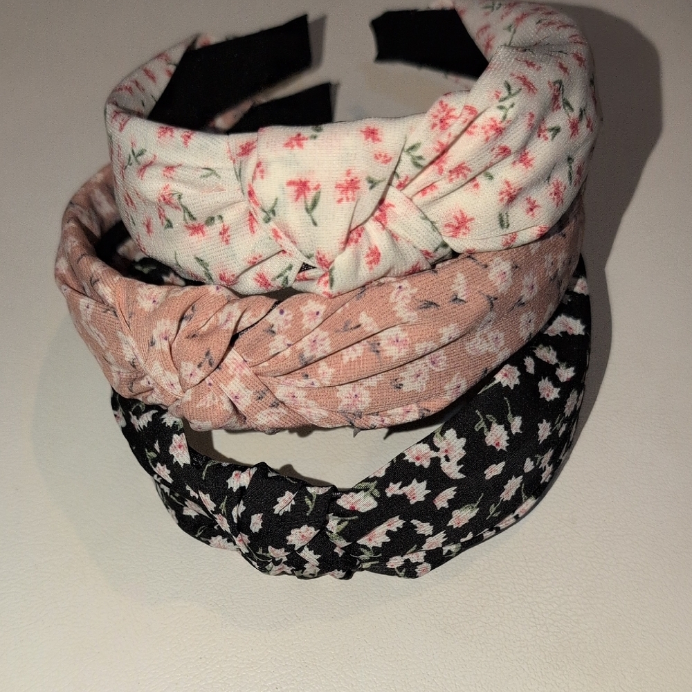 Chic Floral Headband Trio - Black, Pink, Cream 3 Headbands